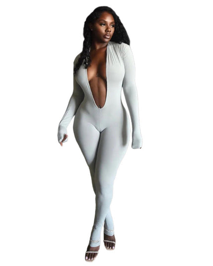 New Women's Fashion Sexy Backless Deep V Long Sleeve Solid Color Tight Jumpsuit