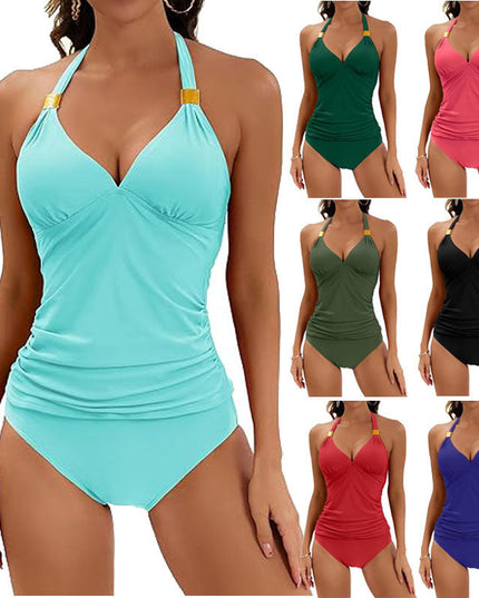 Women's Pure Color Halter Split Tie Two Piece Swimsuit