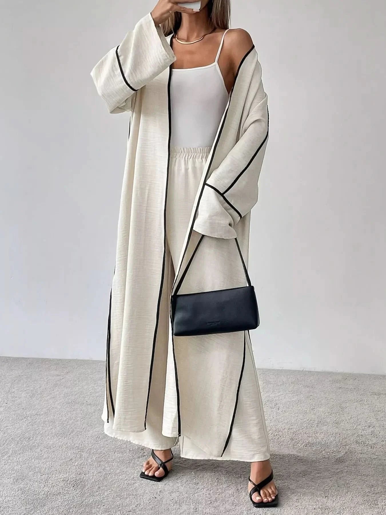 Contrast Trim Cardigan And Pants Set Two Piece Polyester Imported