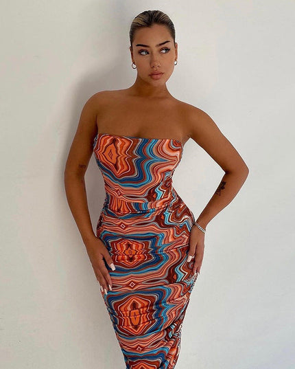 Women's Printed Wrap-chest One-shoulder Slim Temperament Dress