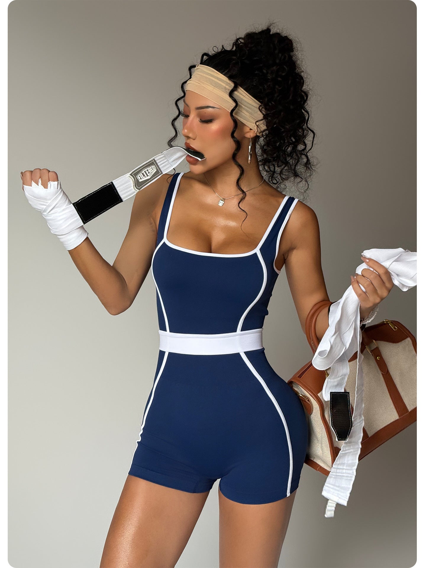 Contrast Color Vest Yoga Jumpsuit Women's Fitness Sports One-piece Shorts