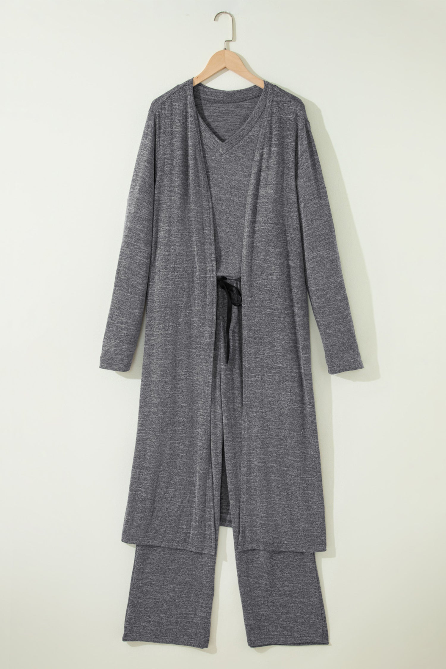 Gray Lounge Set: 3-Piece Knit Pajamas with Cardigan, V-Neck Top & Pants - Women's Sleepwear