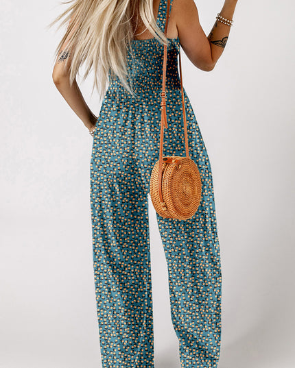 Green Floral Print Smocked High Waist Square Neck Jumpsuit
