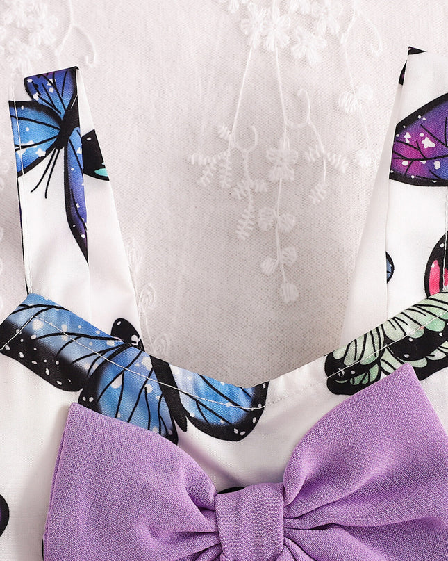 Children's butterfly print crop top with lavender bow detail