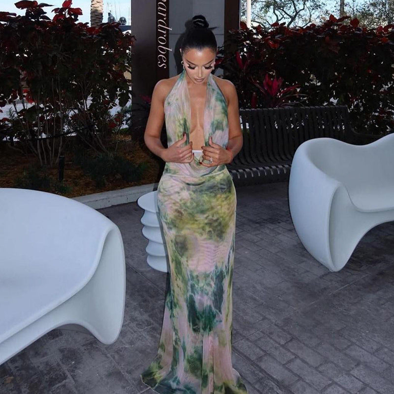 2pcs Tie Dye Printing Deep V-neck Suits Fashion Halter Backless Skirt For Beach Party Womens Clothing