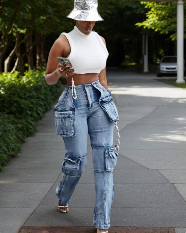 New Women's Casual And Versatile Multi-pocket Work Pants, Mid-waisted Washed Straight-cut Jeans See size chart under “more details”