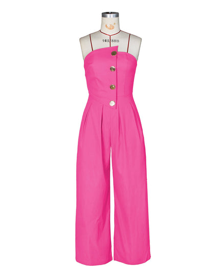 Sexy Tube Top Sleeveless Metal Button Wide Leg Jumpsuit
