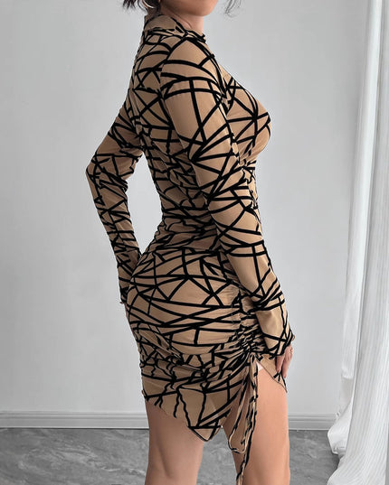 Slim-fit Side Drawstring Stand-up Collar Long-sleeved Irregular Short Dress