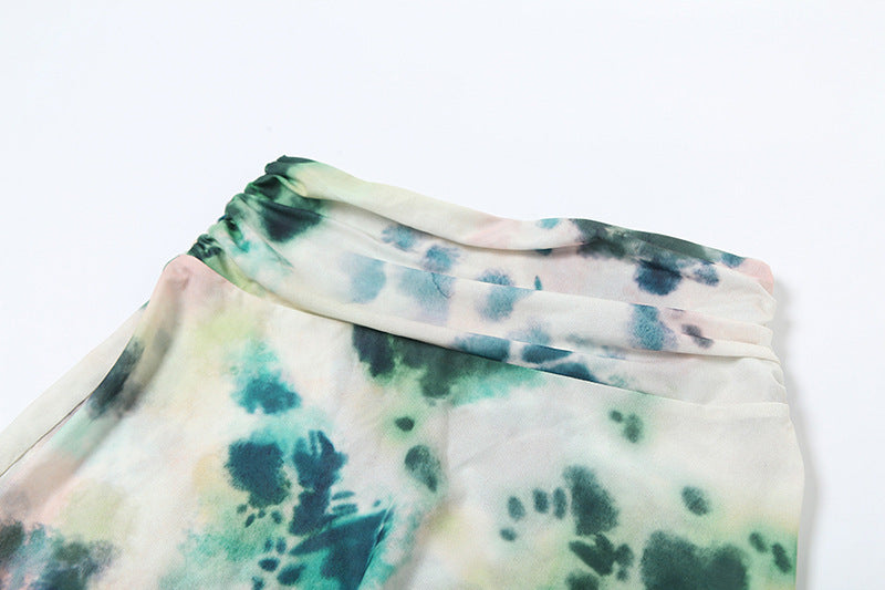 2pcs Tie Dye Printing Deep V-neck Suits Fashion Halter Backless Skirt For Beach Party Womens Clothing