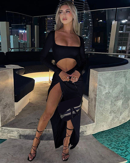 Womens Clothing Long Sleeve Dress Fashion Hollow U-neck Split Dress Party Wedding