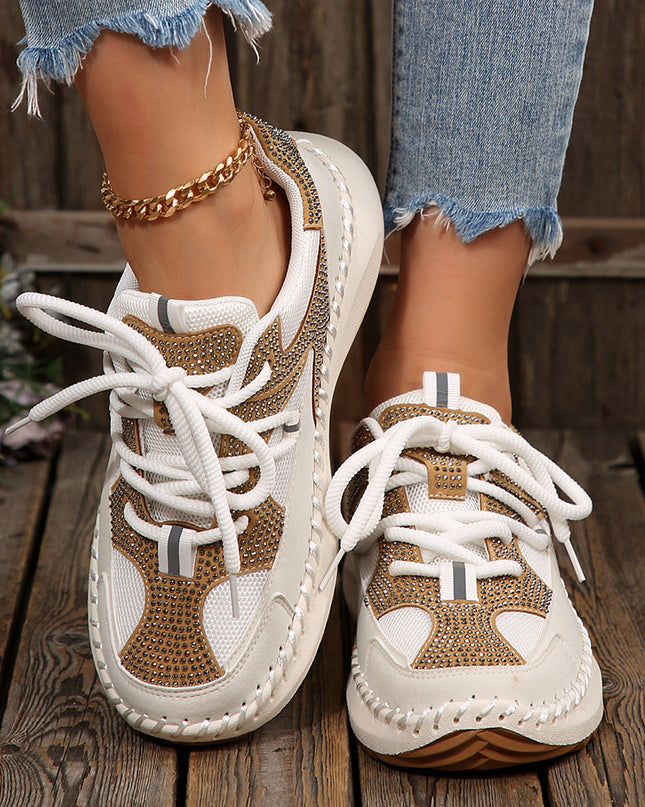 White Rhinestone PU Leather Platform Casual Sneakers