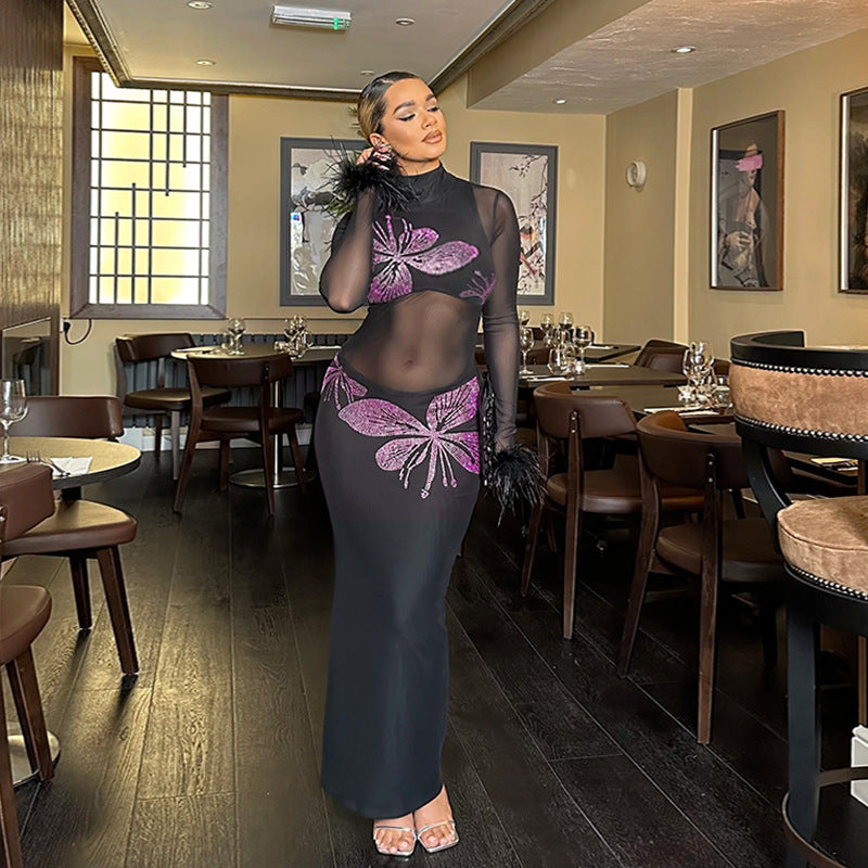 Butterfly Rhinestone Long Sleeve Dress