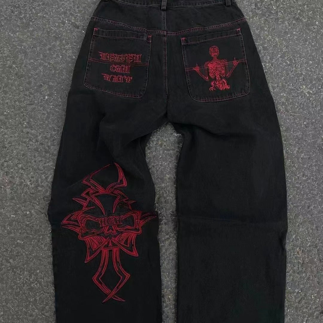 Embroidered Skull Cotton Casual Pants Men's Straight-leg Pants