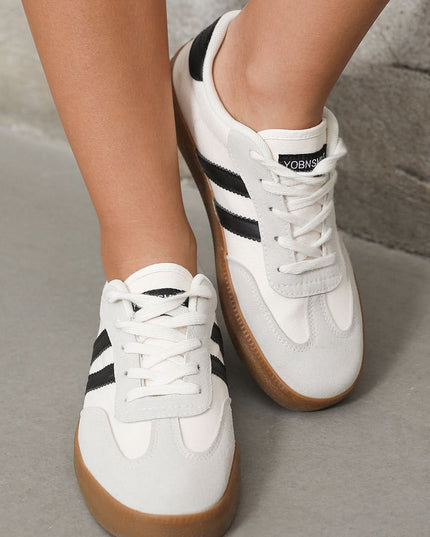 White Striped Lace Up Flat Sneakers For Everyday Comfort
