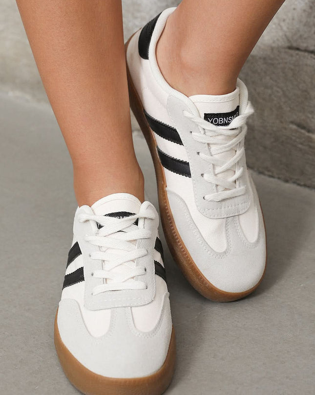 White Striped Lace Up Flat Sneakers For Everyday Comfort