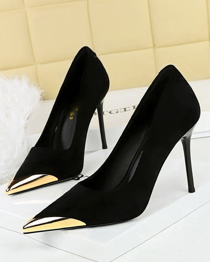 Black Stiletto Heels with Gold Toe Cap: Pointed Toe Elegant Fashion Shoes