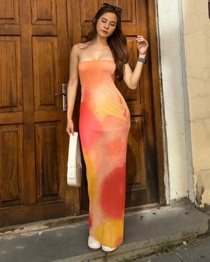 Contrast Color Tube Top Printing Dress