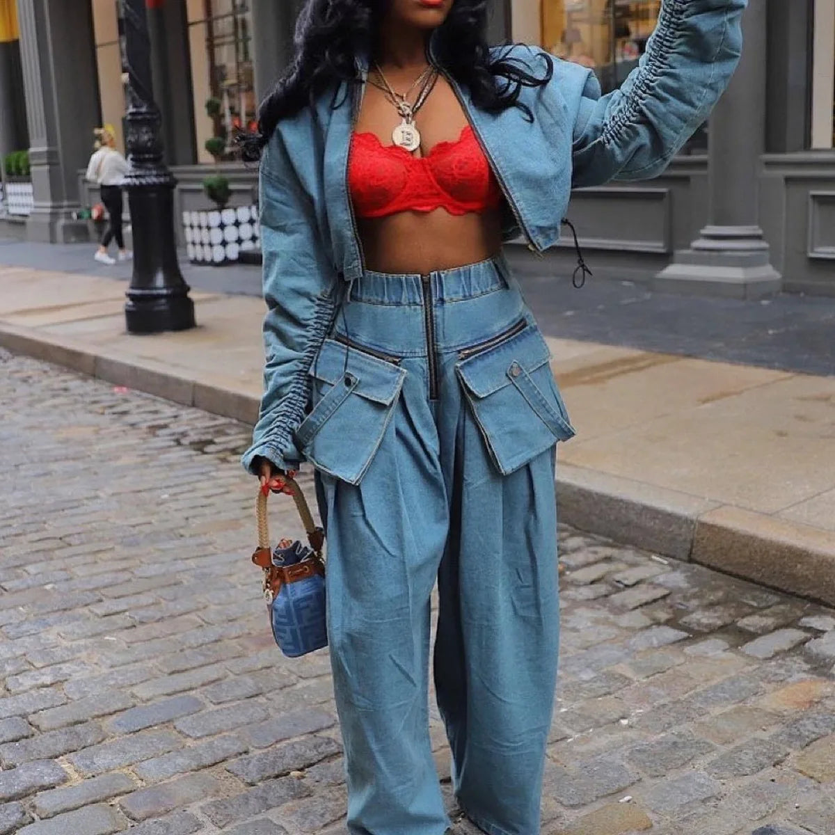 Denim Two-Piece Set: Y2K Street Style with Red Bra Top, Stylish Women's Fashion, Matching Coat and Pants Outfit, Street Style