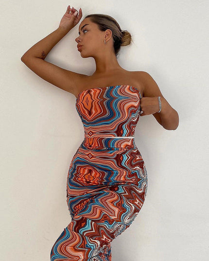 Women's Printed Wrap-chest One-shoulder Slim Temperament Dress