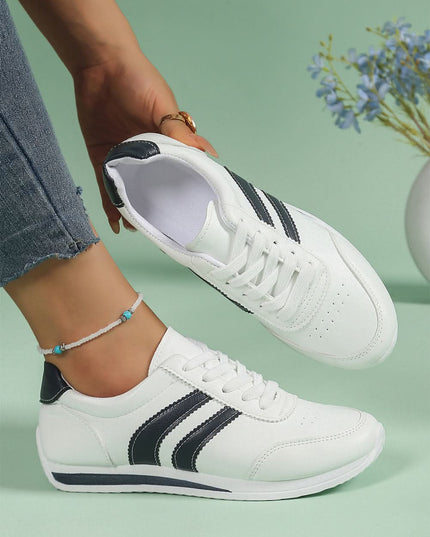 White PU Leather Striped Lace Up Casual Sneakers Everyday