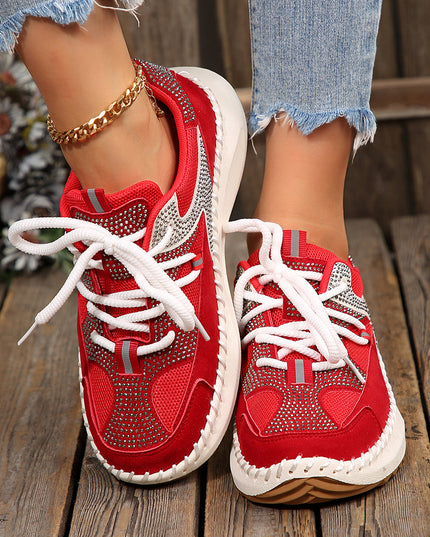 White Rhinestone PU Leather Platform Casual Sneakers