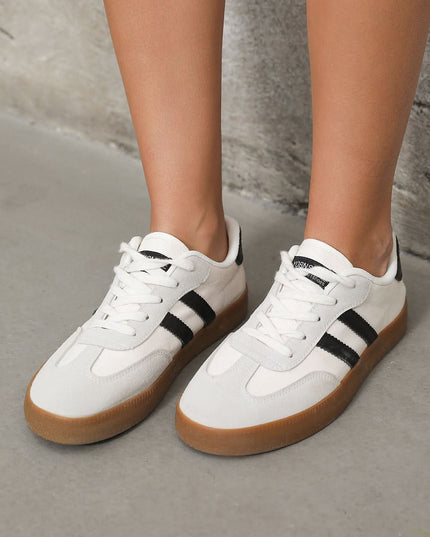 White Striped Lace Up Flat Sneakers For Everyday Comfort
