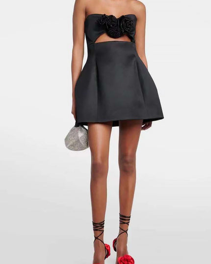 3D Floral Embellished Sexy Strapless Backless Mini Dress - Black | ZAKAPOP