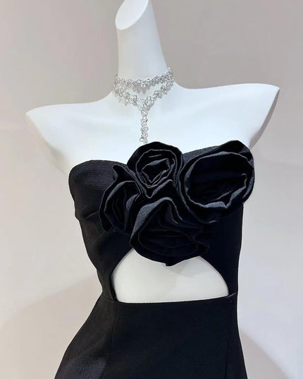 3D Floral Embellished Sexy Strapless Backless Mini Dress - Black | ZAKAPOP