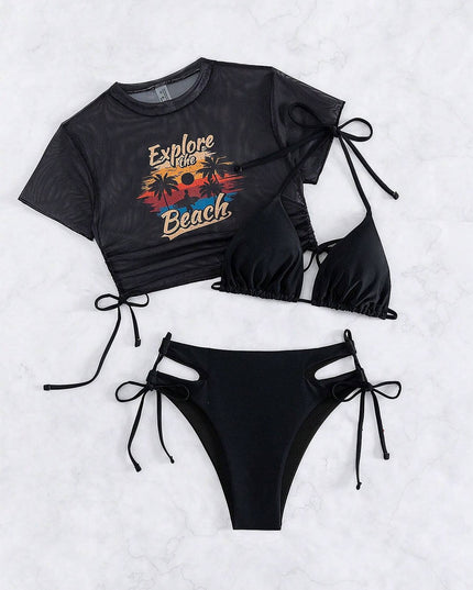 3 Pieces Women's Beach Scenery Letter Print Swimsuit | ZAKAPOP