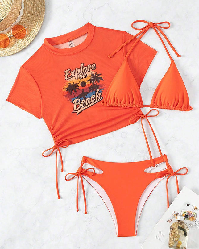 3 Pieces Women's Beach Scenery Letter Print Swimsuit | ZAKAPOP