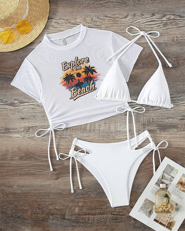 3 Pieces Women's Beach Scenery Letter Print Swimsuit | ZAKAPOP