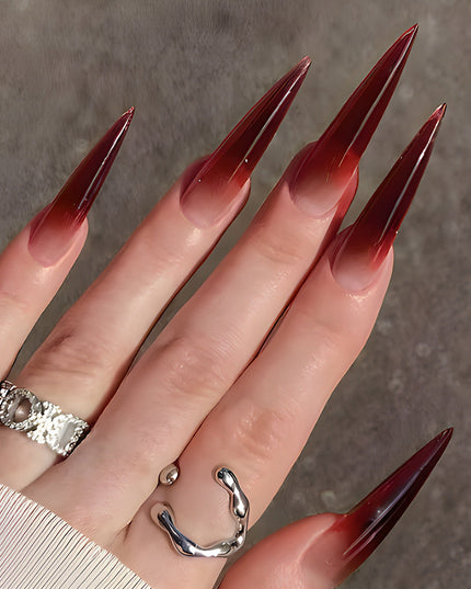 Foreign Trade Hot Selling Wearable Nail Sticker Elegant White Drop Shape Wine Red Gradient Fake Nail Patch Nails