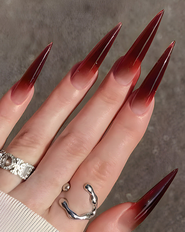 Foreign Trade Hot Selling Wearable Nail Sticker Elegant White Drop Shape Wine Red Gradient Fake Nail Patch Nails