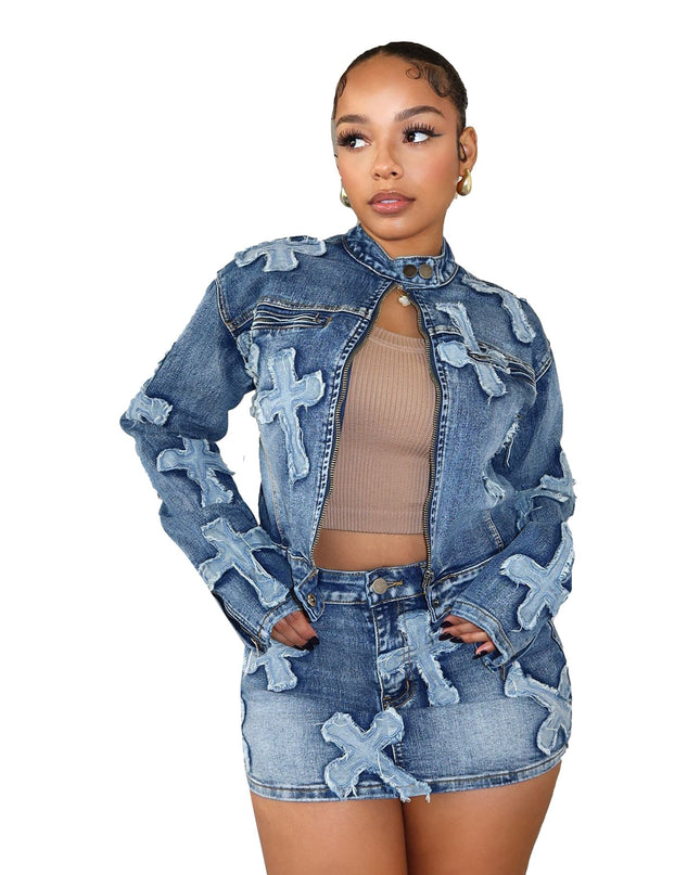 Denim Embroidered Short Skirt Jacket Suits Suit See size chart under “more details”