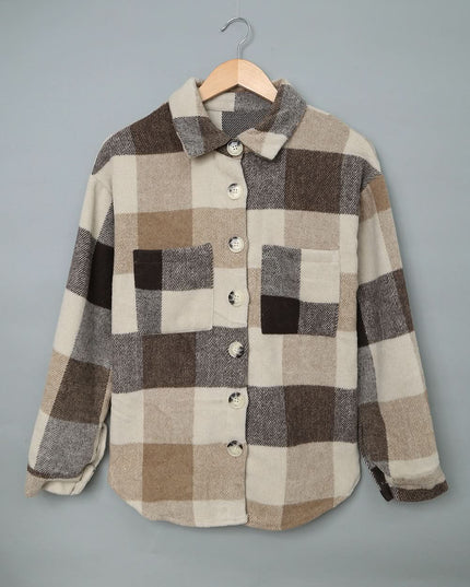 Khaki Plaid Color Block Shacket With Buttoned Pockets