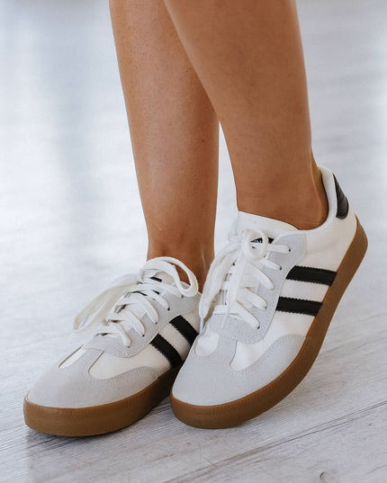 White Striped Lace Up Flat Sneakers For Everyday Comfort