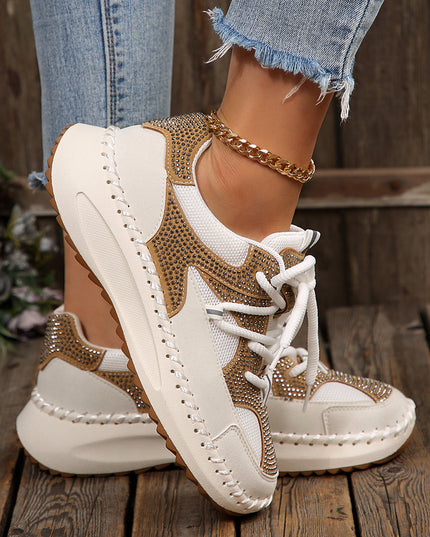 White Rhinestone PU Leather Platform Casual Sneakers