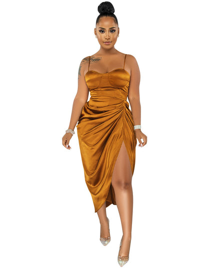 Fashion Solid Color Women's Sling Wrap Chest Ruched Slit Dress