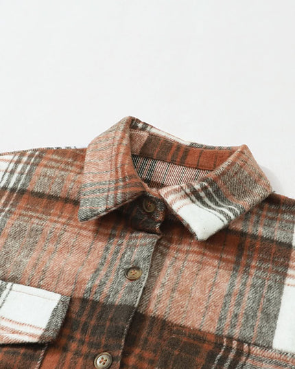 Gold Flame Grey Plaid Button Up Collared Flannel Shacket