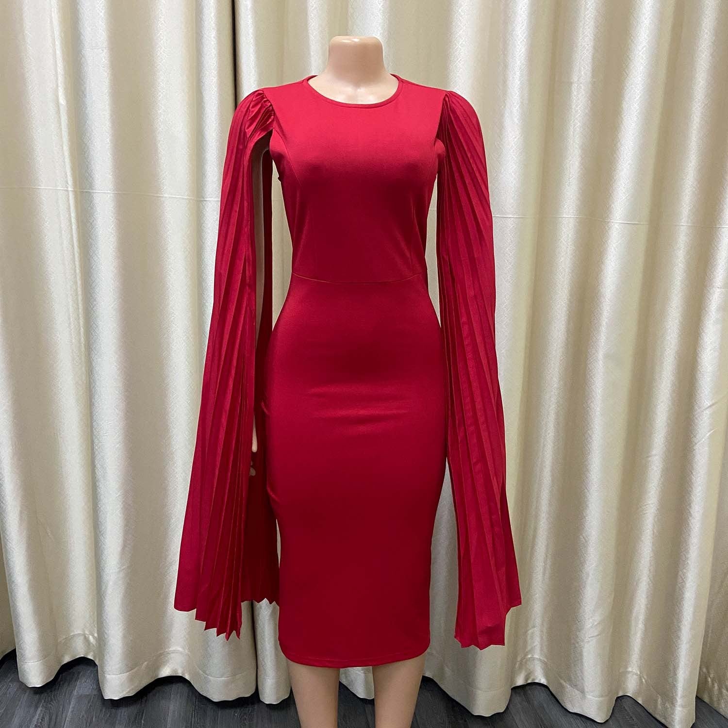 Fashion Pleated Ol Cape Plus Size Gown - Elegant Red Midi Cotton Blend Comfort