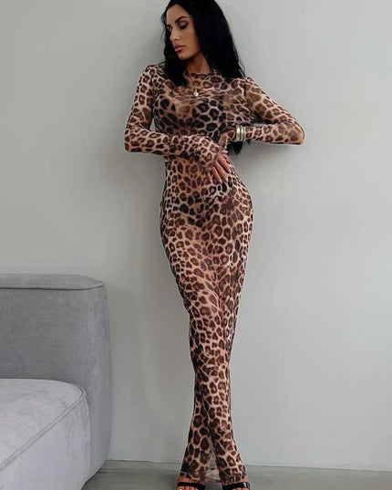 Leopard Print Mesh Maxi Dress: Sexy See-Through Long Sleeve Fall Fashion Women's Dress