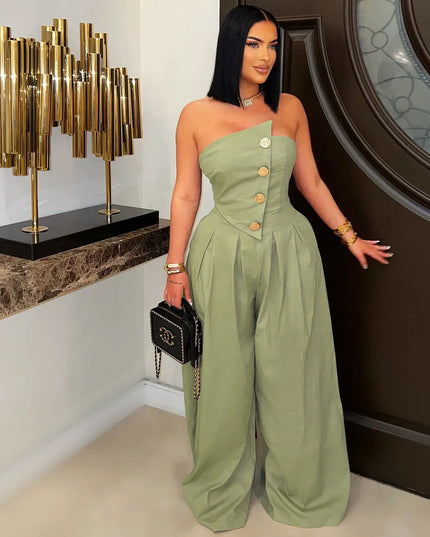 Sexy Tube Top Sleeveless Metal Button Wide Leg Jumpsuit