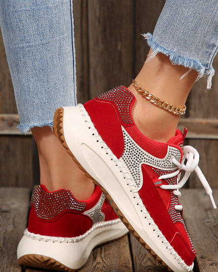 White Rhinestone PU Leather Platform Casual Sneakers