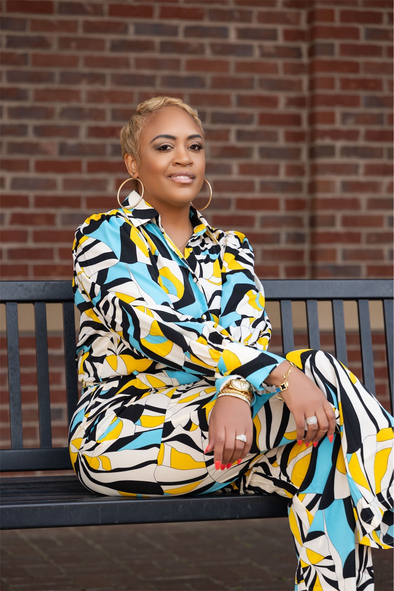 Blue, Yellow & Cream Abstract Pant & Blouse Set