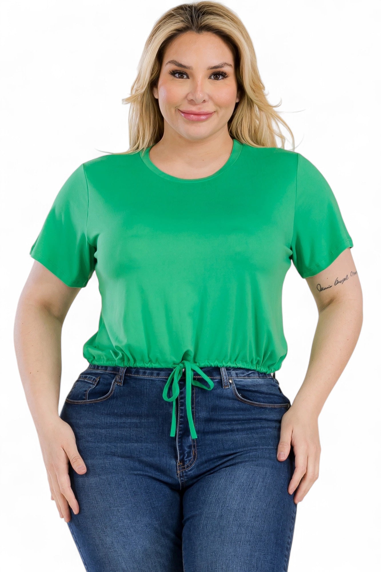 Curvy Tie Front Drawstring Short Sleeve Crop Top {BT5196X}