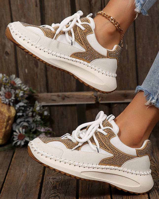 White Rhinestone PU Leather Platform Casual Sneakers
