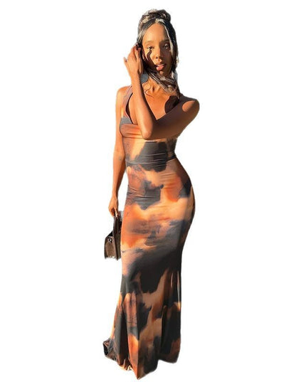 Spaghetti-strap Floral Print Long High Waist Dress