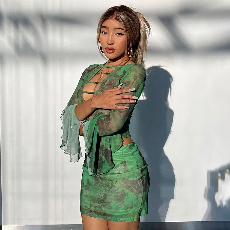 Bell Sleeve Cut out Top Mini Skirt set