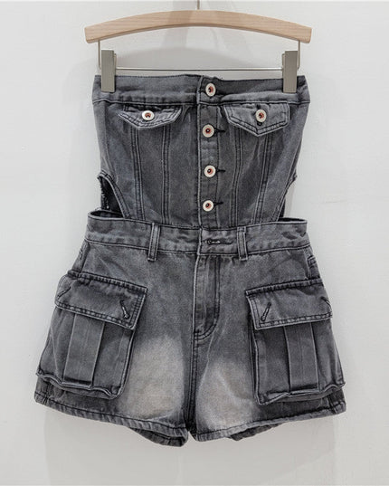 Hot Girl Breasted Hollow-out Midriff Tube Top Cowboy Siamese Shorts For Women