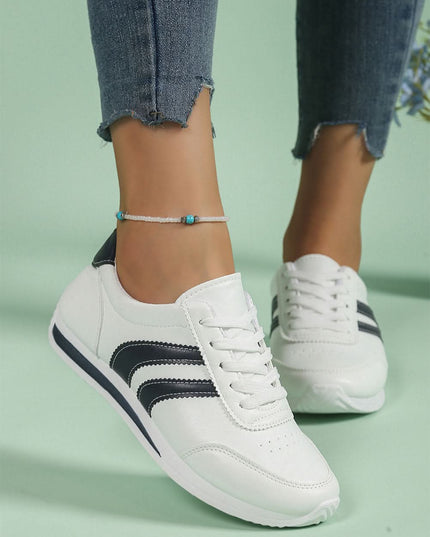 White PU Leather Striped Lace Up Casual Sneakers Everyday